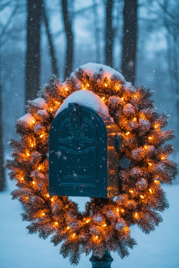 Midnight-teal standing mailbox swathed in lighted garland casting an amber glow amid falling snow, dramatic holiday curb appeal.