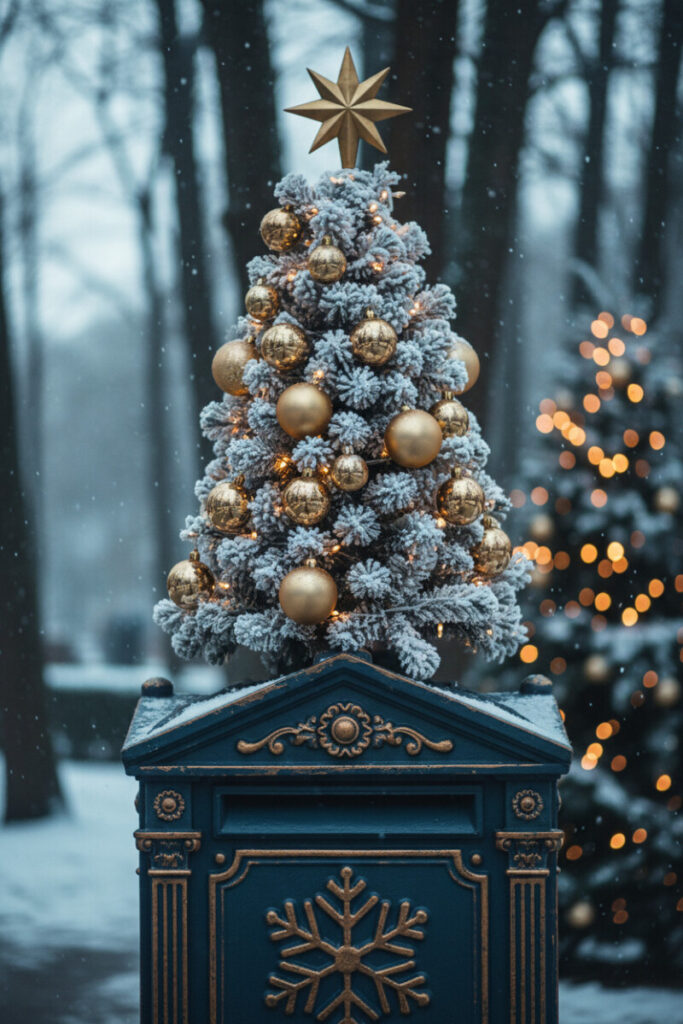 Ornate navy cast-iron mailbox topped with a snow-flocked mini Christmas tree, gold ornaments, and star, enchanting Christmas Mailbox Decorations.
