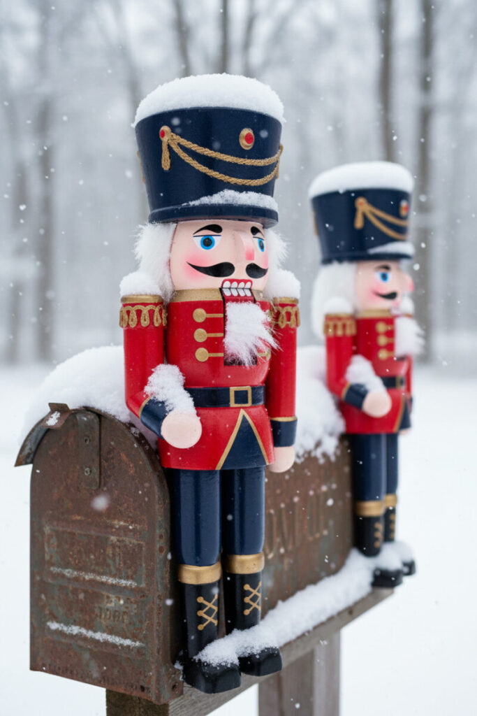 Two lacquered wooden nutcracker soldiers mounted on a snowy rustic mailbox, vibrant creative mailbox decor for Christmas.