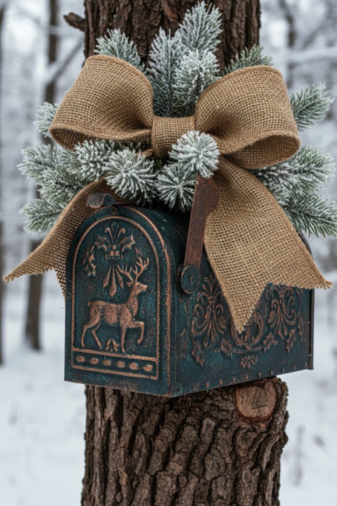 Distressed teal mailbox on tree bark crowned with a large frayed burlap bow and snowy pine boughs, rustic outdoor Christmas decor.