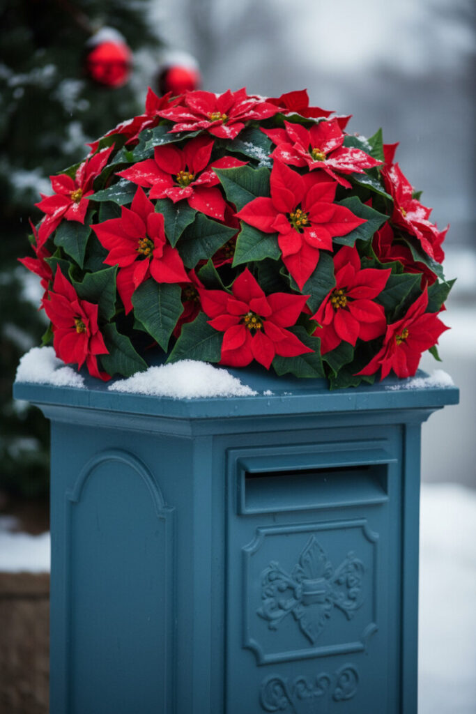 Dark slate-teal mailbox overflowing with vivid red poinsettias dusted with snow, bold outdoor Christmas decor.