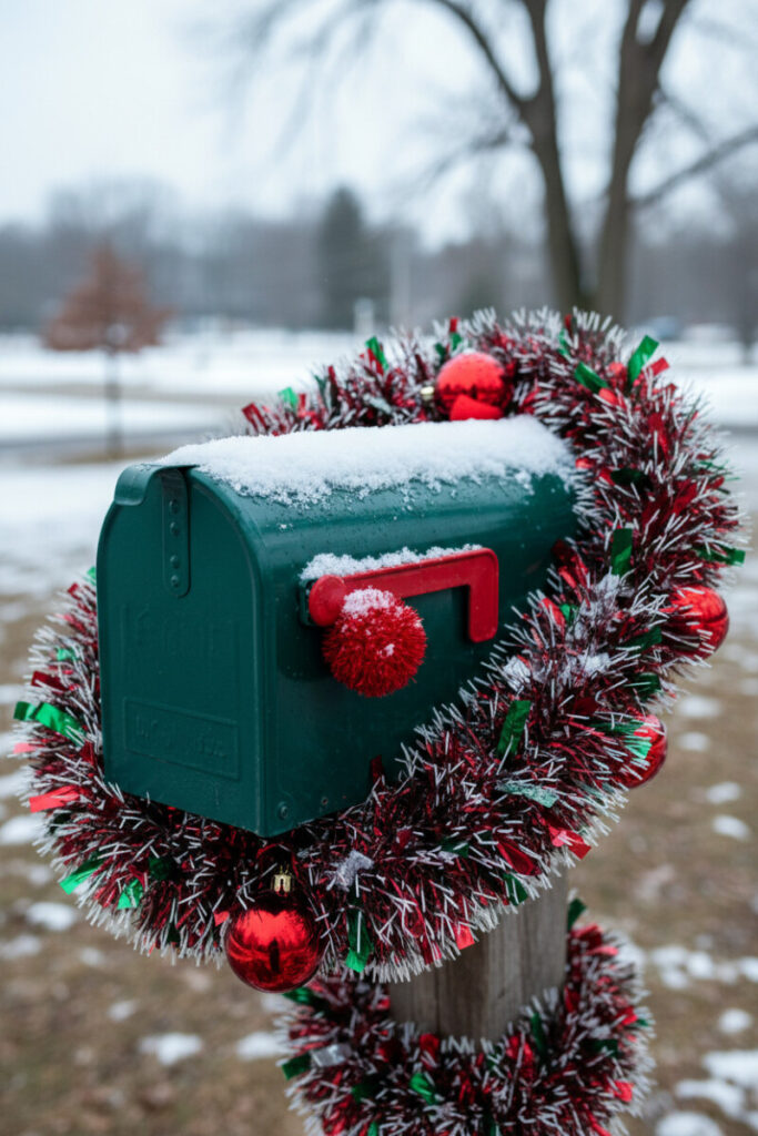 Matte teal mailbox wrapped in thick red, green, and silver tinsel with glossy baubles, playful DIY Christmas mailbox decorations.