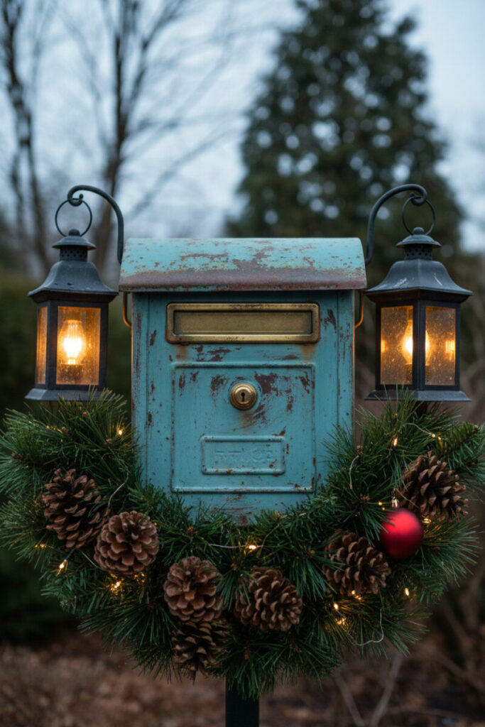 Oxidized teal mailbox flanked by rustic black lanterns and a pine swag with pinecones and fairy lights, welcoming outdoor Christmas decor.
