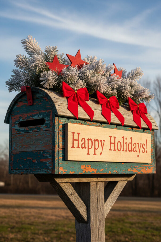 Weathered wooden mailbox with layered paint, “Happy Holidays!” sign, and flocked bows and stars, handcrafted DIY Christmas mailbox decorations.