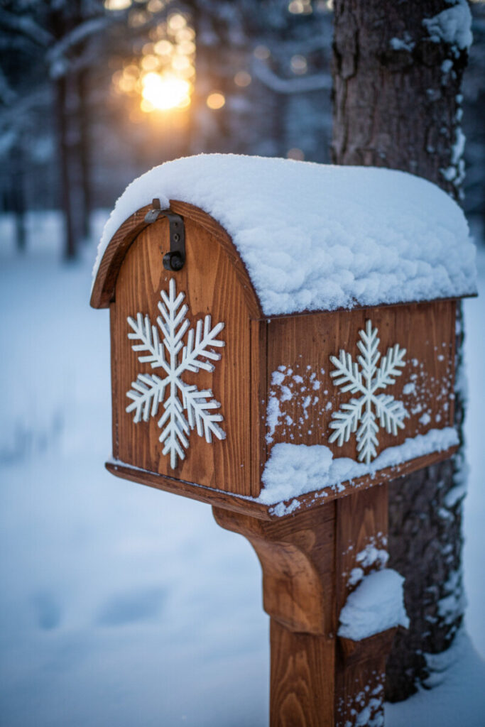 Arched wooden mailbox blanketed in fresh snow with bold white snowflake cutouts, crisp winter-graphic Christmas Mailbox Decorations.