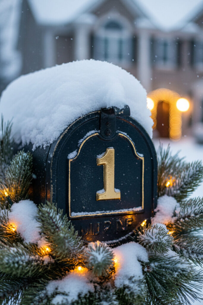 Ornate black mailbox with a gold “1,” snowy cap, frosted pines, and warm amber string lights, radiant holiday curb appeal.