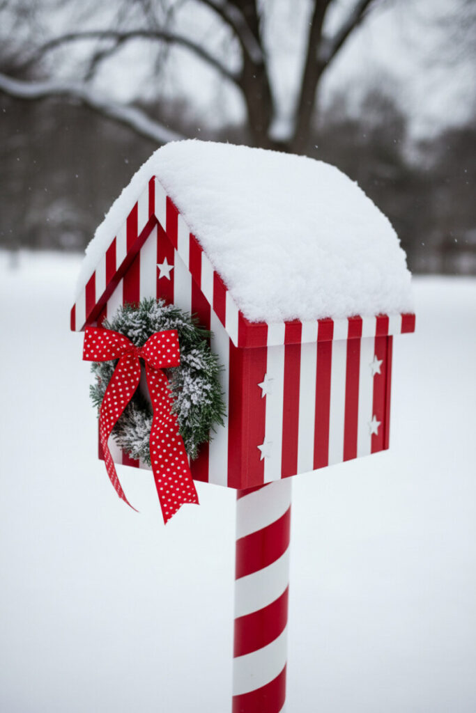 Candy-cane striped house-shaped mailbox with polka-dot ribbon wreath and fresh snow, a bright DIY Christmas mailbox decorations idea.