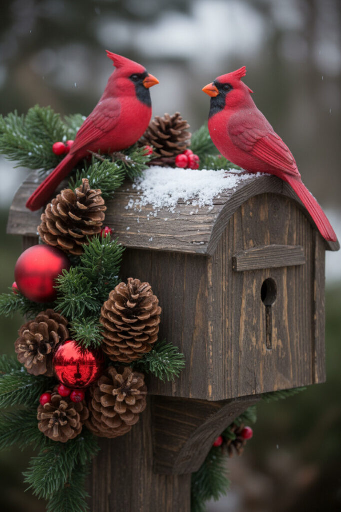 Weathered wooden mailbox topped with pinecones, holly, and two vivid red cardinals in falling snow, serene outdoor Christmas decor.