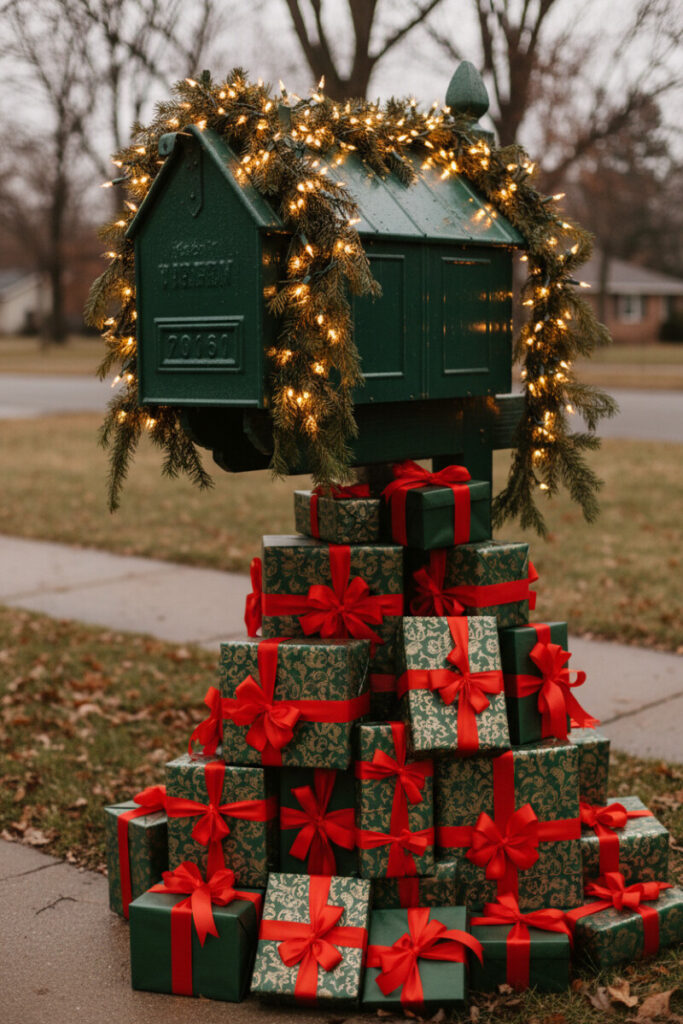 Forest-green mailbox draped in lit garland above a towering stack of wrapped gift boxes, cinematic glow for holiday curb appeal.