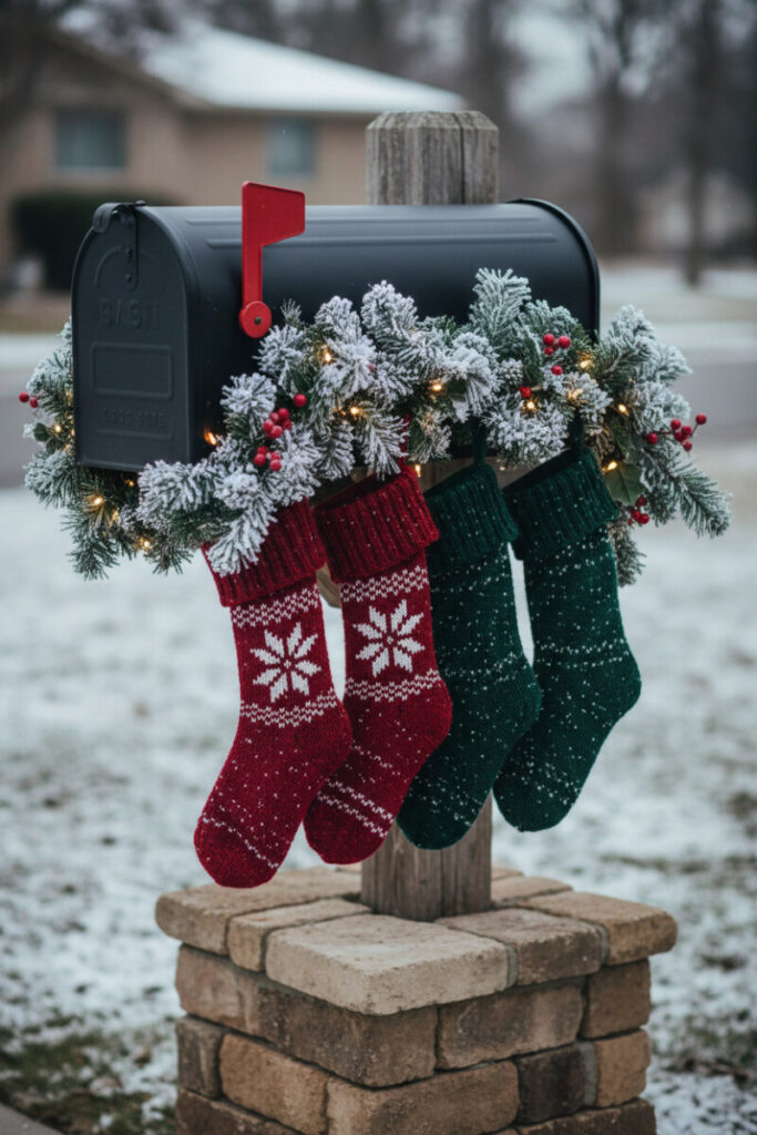 Matte black mailbox with four chunky knit stockings under a flocked garland and fairy lights, cozy Christmas Mailbox Decorations.