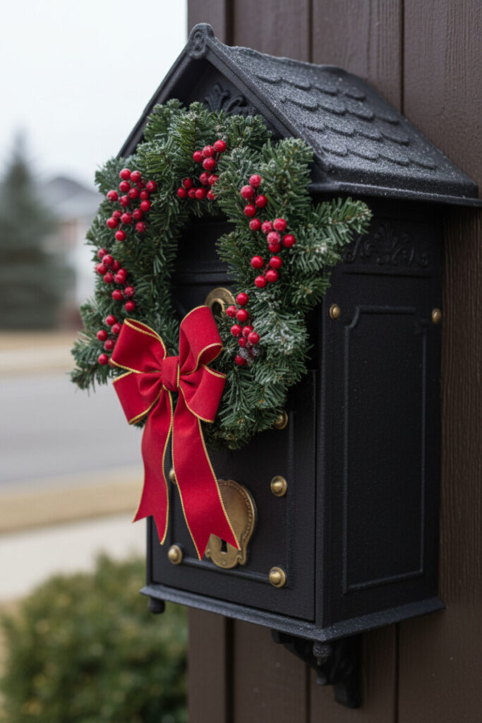 Wall-mounted cast-iron mailbox with classic fir wreath, red berries, and satin bow against dark wood siding, tasteful holiday curb appeal.