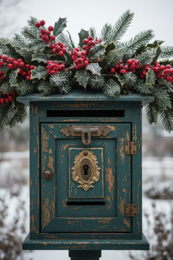 Distressed peacock-teal cabinet mailbox framed by snowy evergreens and glossy red berries, elegant outdoor Christmas decor.