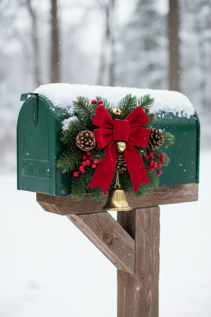 Hunter-green wooden mailbox with velvet bow, pine boughs, and brass jingle bells, festive ring for Christmas Mailbox Decorations.