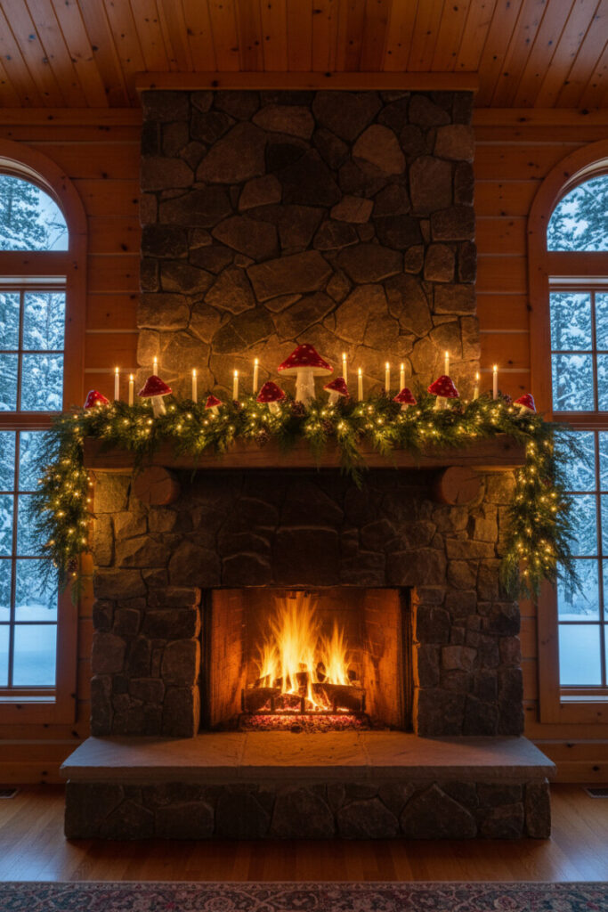 Log cabin stone hearth with cedar garland, fairy lights, and whimsical red-cap mushrooms; candle glow meets snowy window views.