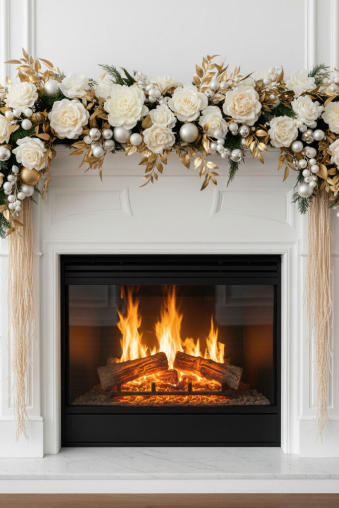 Symmetrical gold and white garland with pearl-like ornaments and champagne plumes; firelight shimmers on polished marble—refined holiday mantel decor.
