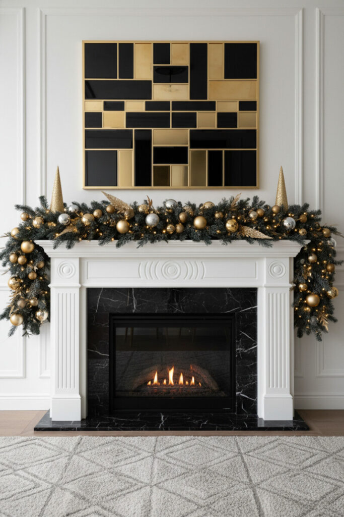 Art Deco mantel with charcoal garland, gold and silver ornaments, and geometric black-and-brass artwork; black marble surround—bold fireplace garland inspiration.