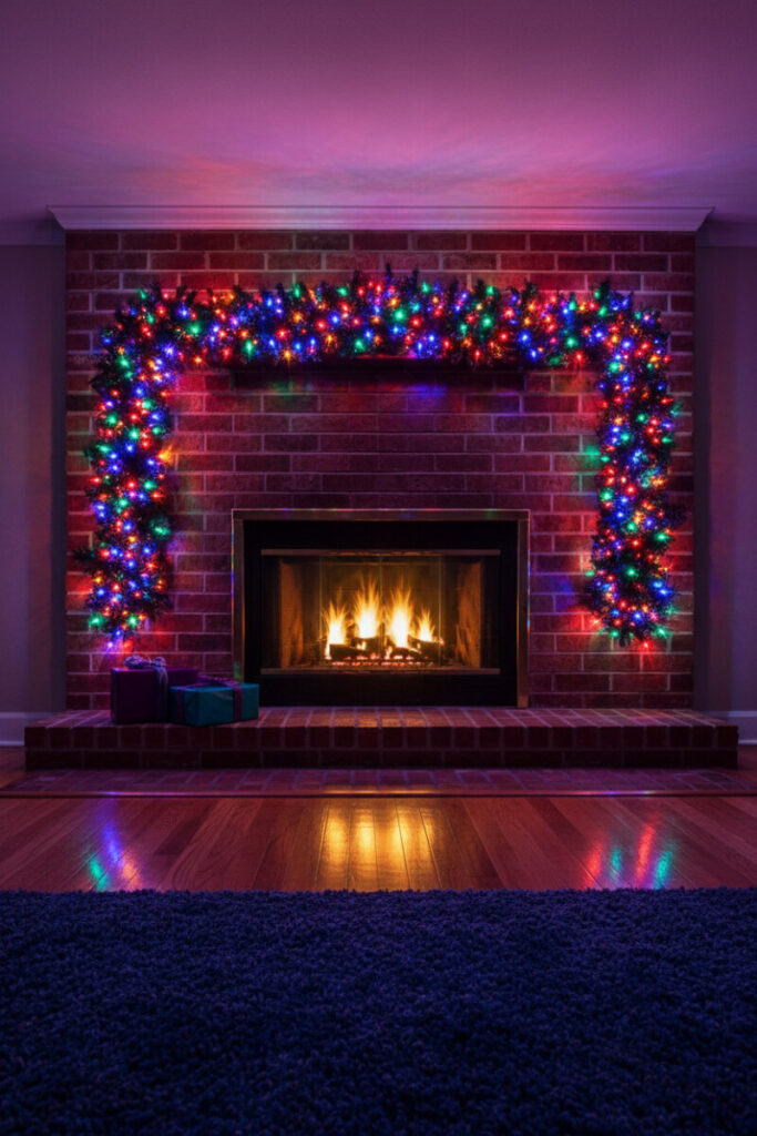 Brick fireplace framed by dense multicolor LED garland; vivid light spills and gift boxes—party-ready fireplace garland inspiration.