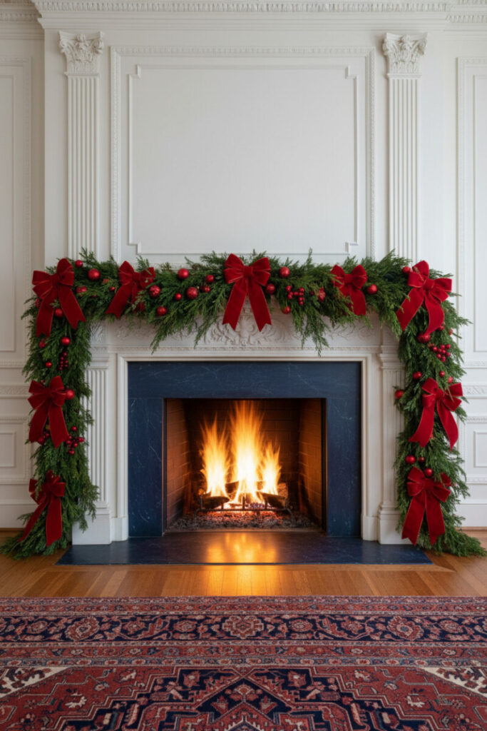 Ornate cream mantel with cascading evergreen and large ruby velvet bows; roaring fire and Oriental rug—festive holiday mantel decor.