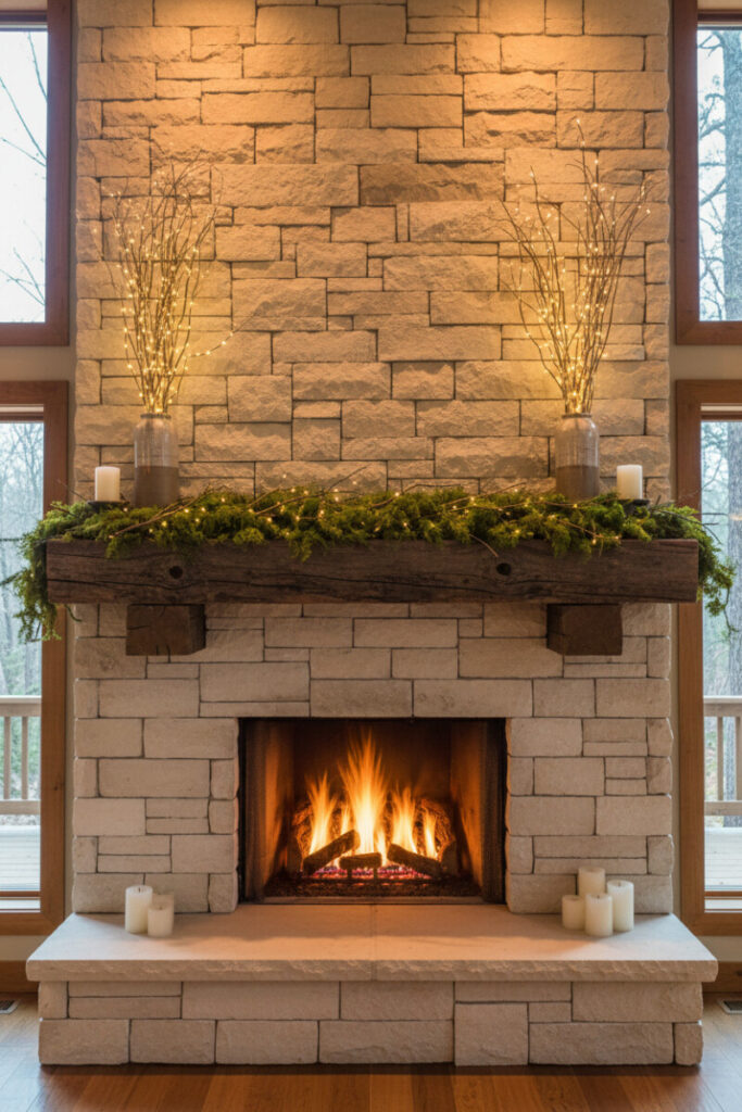 Light stone surround with moss-topped mantel, lit birch branches, and pillar candles; glowing fire—earthy DIY fireplace garland ideas with natural elements.
