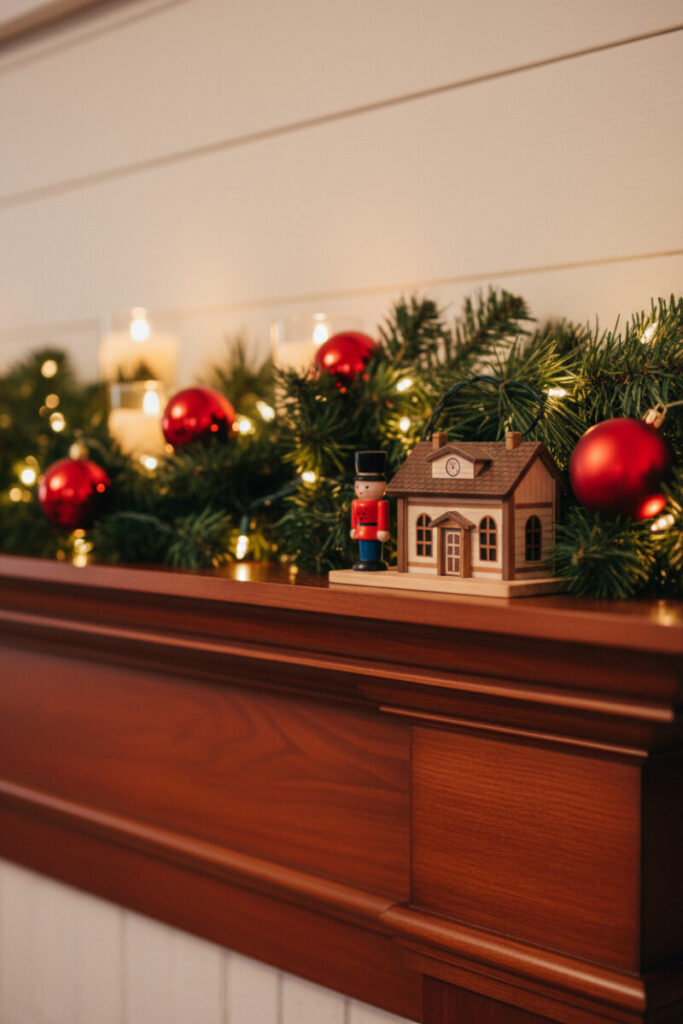 Mahogany mantel with dense greens, starry bokeh lights, glossy red baubles, and tiny toy village—nostalgic holiday mantel decor.