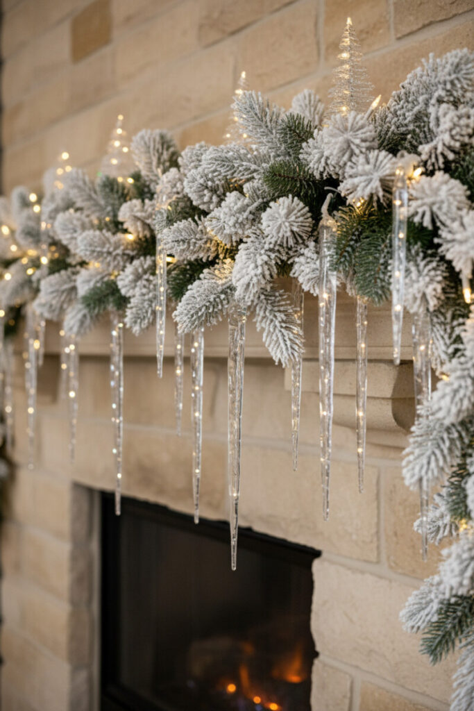 Faux-snow garland thick with translucent icicles and micro-lit acrylic trees; limestone backdrop and warm fire—quiet winter-scape for Christmas Mantel Garland Ideas.