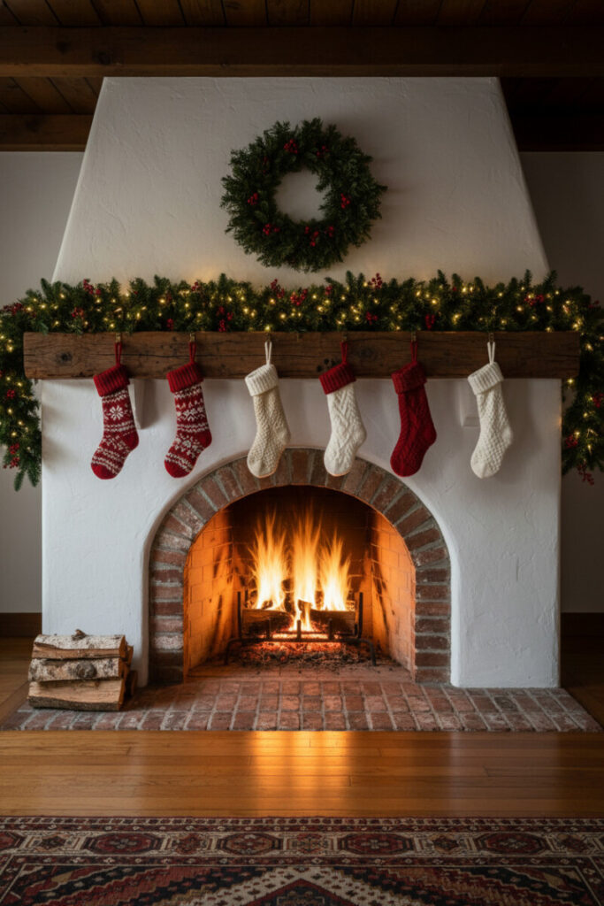 Stucco fireplace with lush garland, knit stockings, and birch logs; roaring fire gives cozy nostalgia, among the best Christmas mantel garland ideas on a budget.