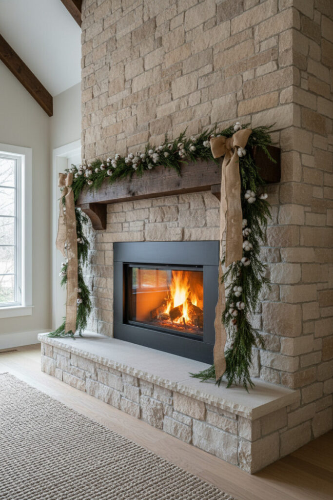 Towering limestone fireplace with farmhouse garland packed with cotton bolls and burlap bows; bright flames warm the stone.
