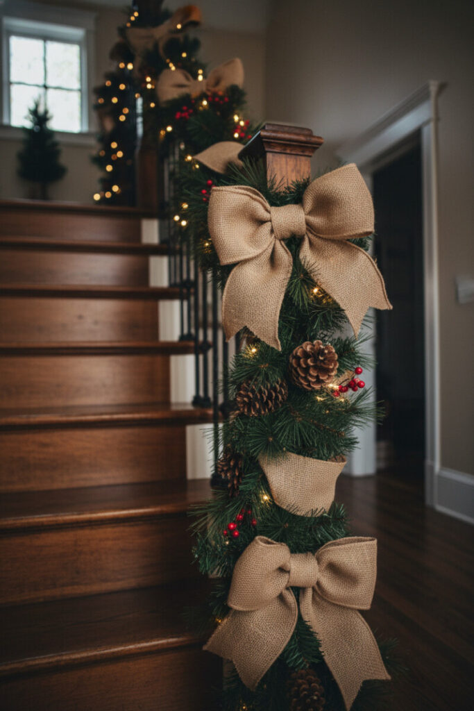 Rustic farmhouse staircase with burlap bows, pinecones, and warm lights—cozy farmhouse staircase garland mood in chestnut wood.