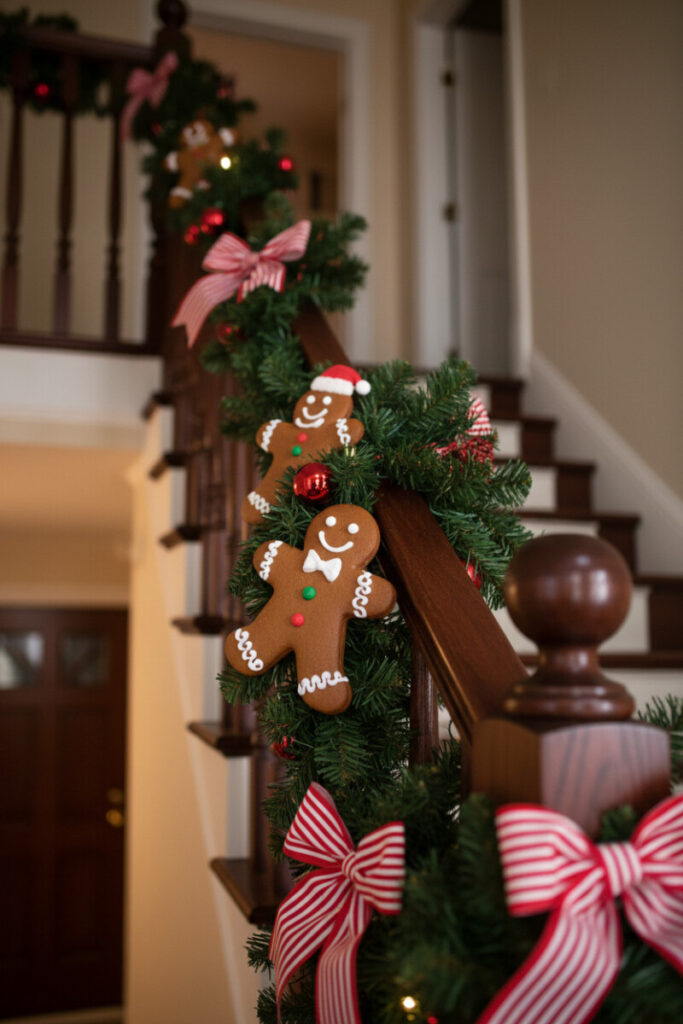 Gingerbread men, striped bows, and red baubles wrapped around dark wood railing under warm lights.