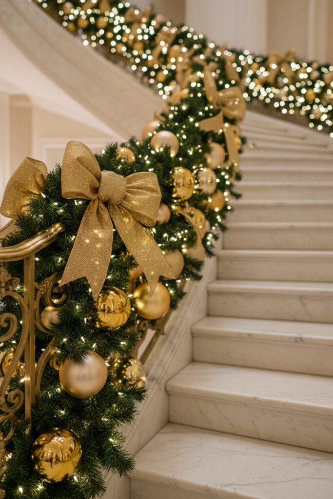 Brass handrail draped with all-gold garland, oversized lamé bows and metallic ornaments—glamorous elegant staircase garland ideas.