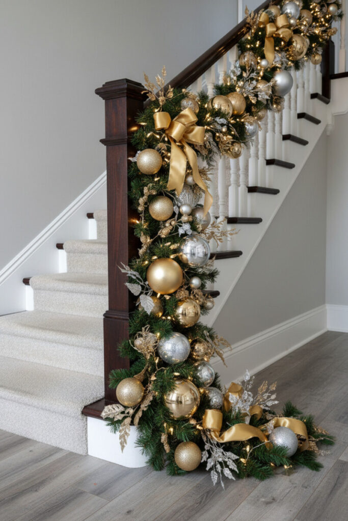 Mahogany stair with mixed gold and silver ornaments, champagne ribbon, and twinkling lights—sleek Christmas Staircase Garland Designs.