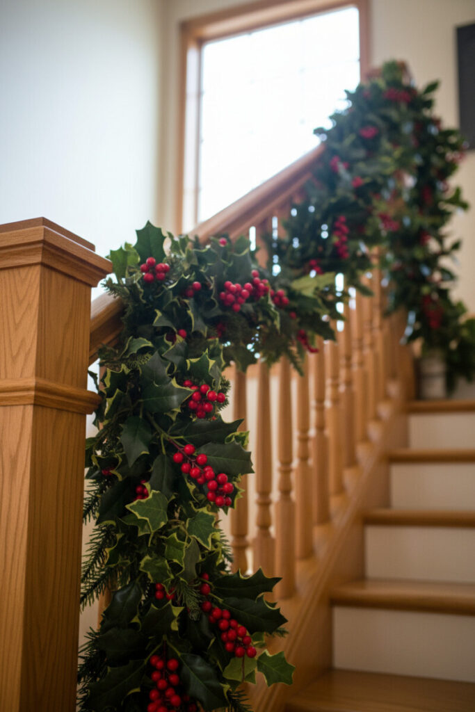 Glossy holly leaves and scarlet berries over honey-oak banister, backlit by large window—classic holiday staircase decor.