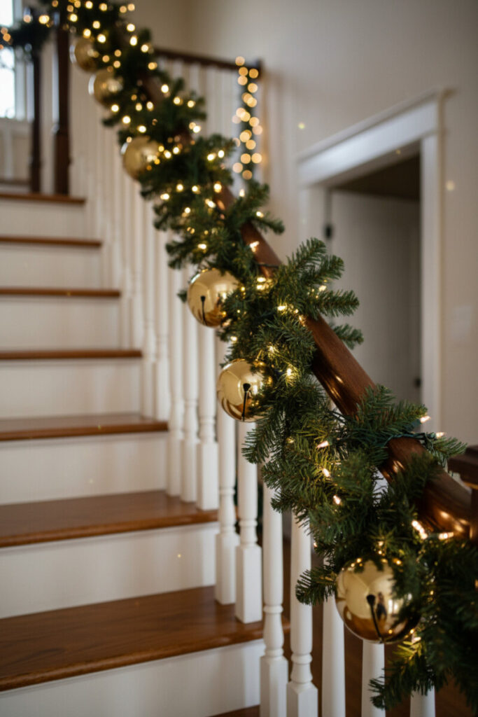 Evergreen garland with big reflective gold jingle bells and twinkle lights against crisp white spindles.
