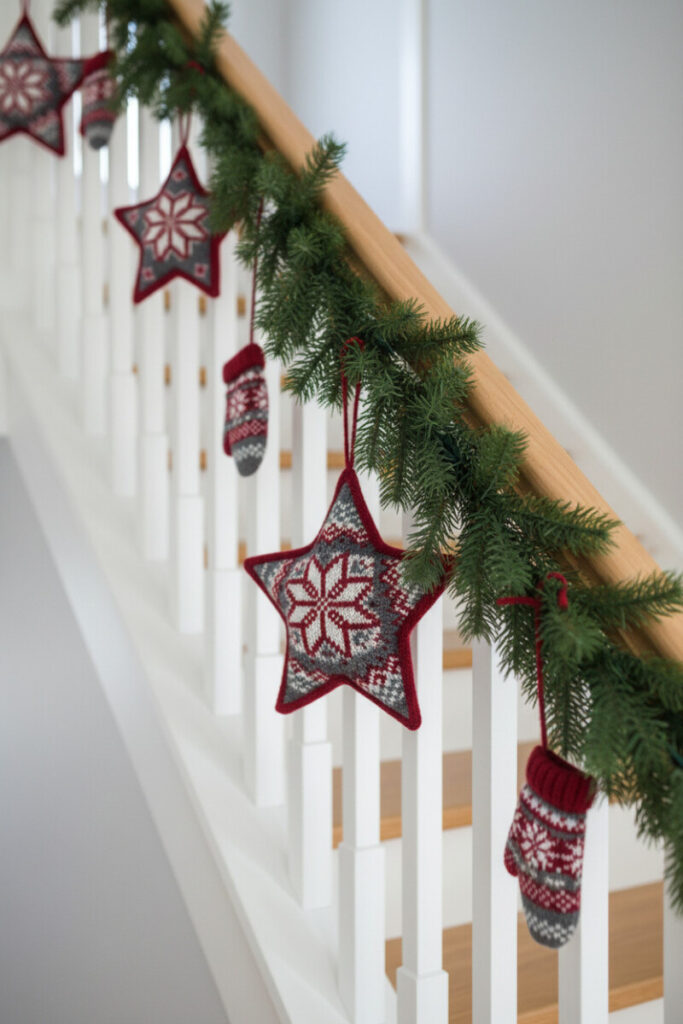 Nordic knitted stars and mittens hanging from pine over light oak rail in airy daylight.