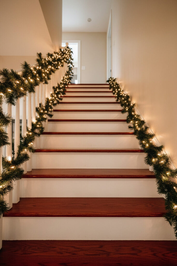 Staircase wrapped in dense greenery and hundreds of warm LEDs—dramatic garland ideas for stairs at night.