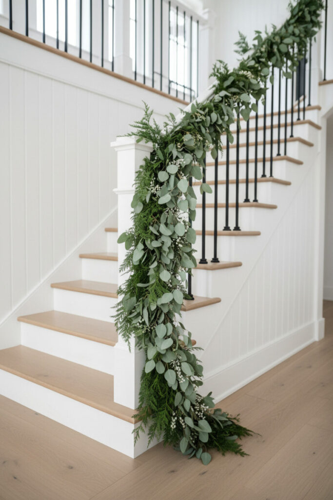 Minimal eucalyptus and fir draped on white rail with matte black balusters—airy cozy farmhouse staircase garland.