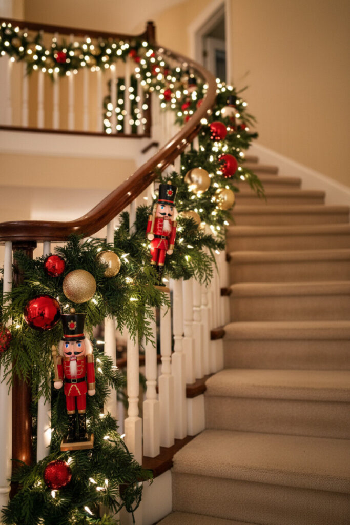 Nutcracker figures marching up garland with red and champagne ornaments on polished mahogany rail.
