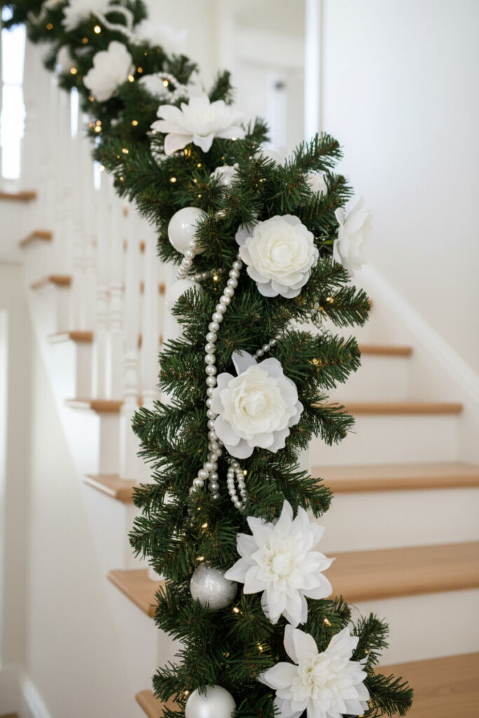 White florals with iridescent pearl strands woven through deep green pine—refined elegant staircase garland ideas.
