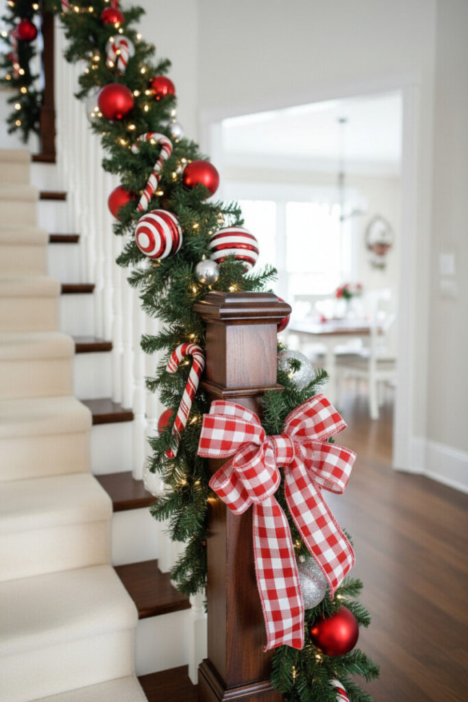 Mahogany newel with red-check bow and candy cane ornaments on lush greenery, bright daylight holiday staircase decor.