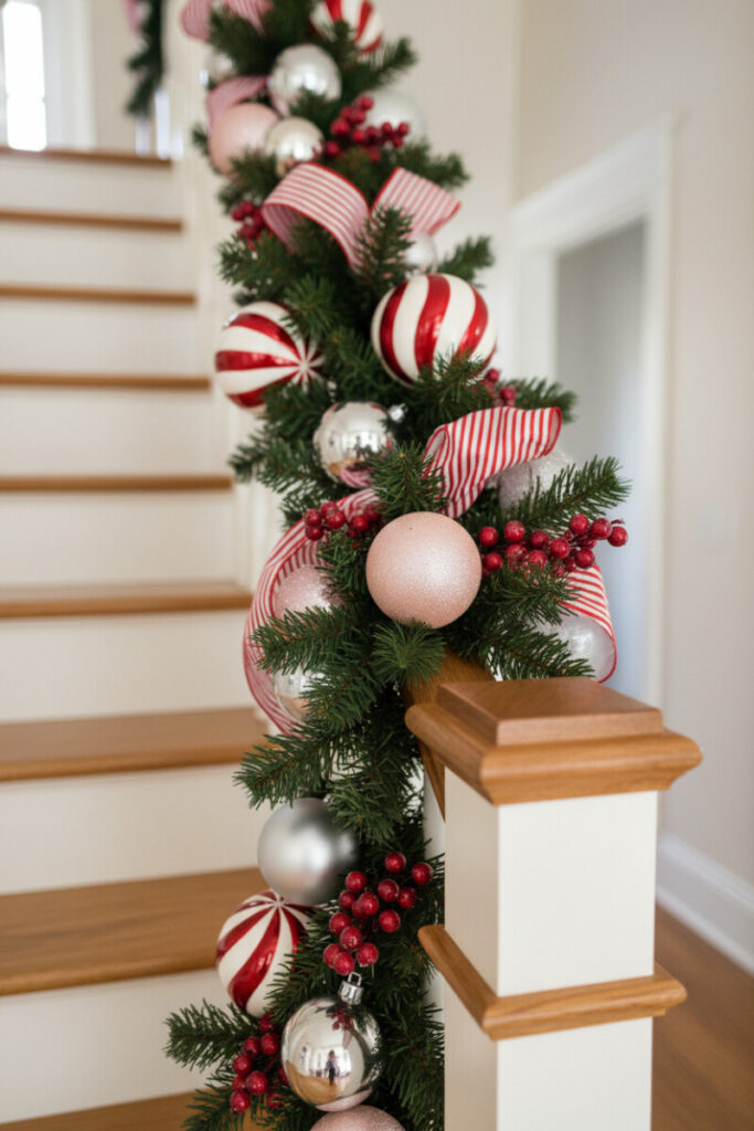 Peppermint swirl ornaments, striped ribbon, and holly berries over white banister and honey-oak newel.