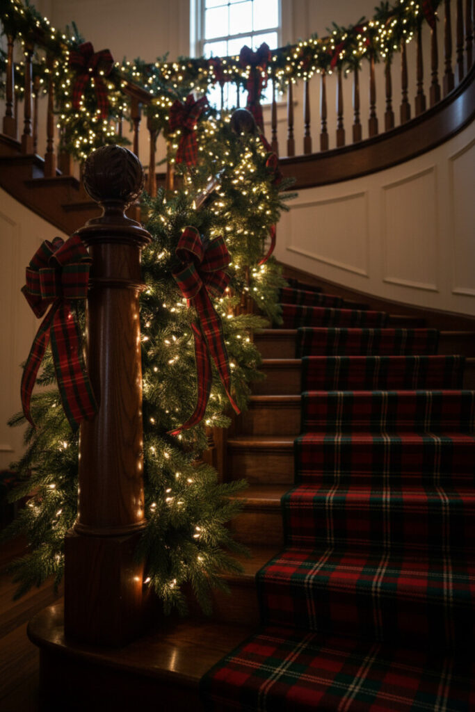 Dark mahogany staircase with tartan ribbon garland and matching plaid runner—heritage Christmas Staircase Garland Designs.