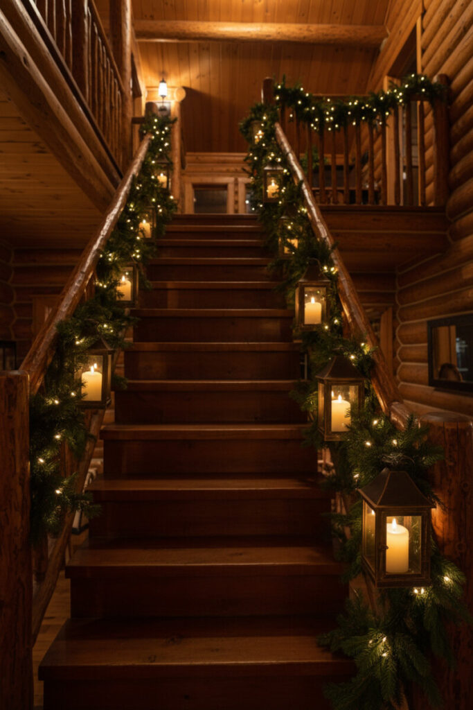 Rustic lanterns with glowing candles nestled in pine along log-lodge stair—warm, intimate holiday staircase decor.