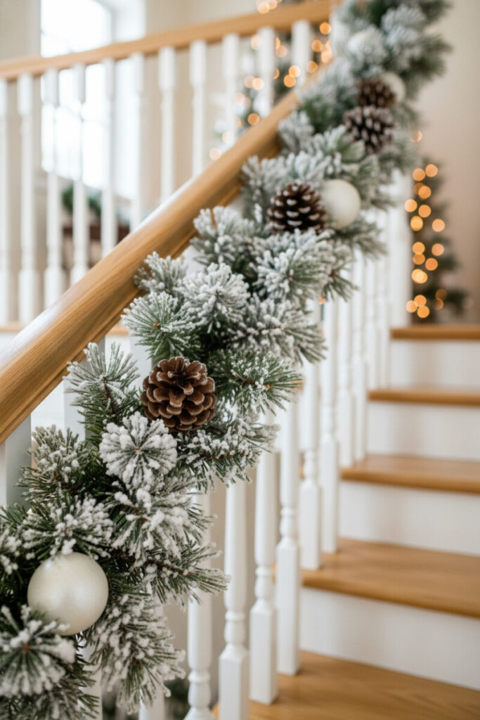 Flocked greenery with oversized pinecones and matte off-white ornaments along light oak rail, soft bokeh.