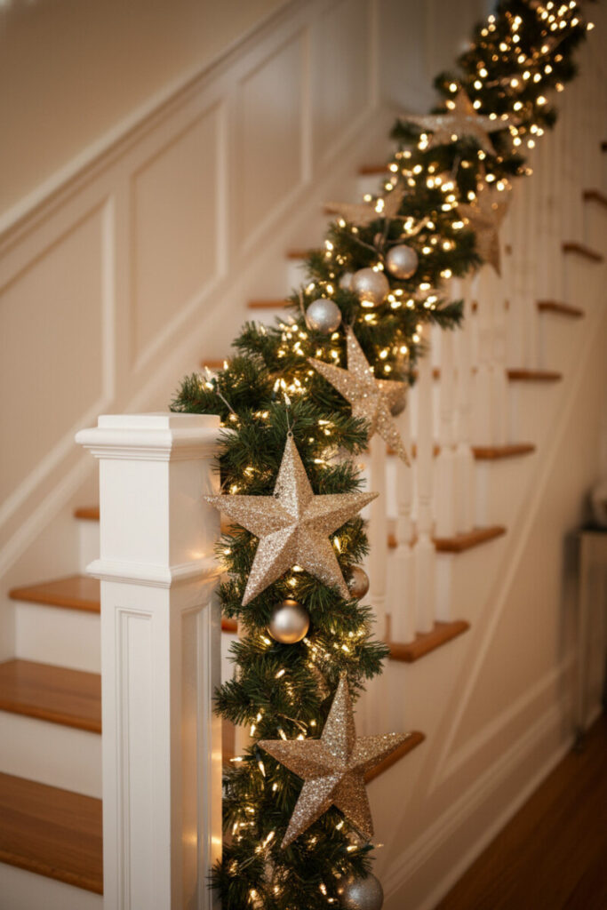 Twinkling star-studded garland drenched in warm LEDs and glittering champagne stars over white banister.