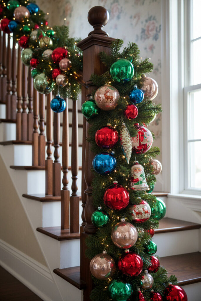 Mahogany rail overloaded with vintage jewel-tone glass and mercury ornaments—nostalgic Christmas Staircase Garland Designs.
