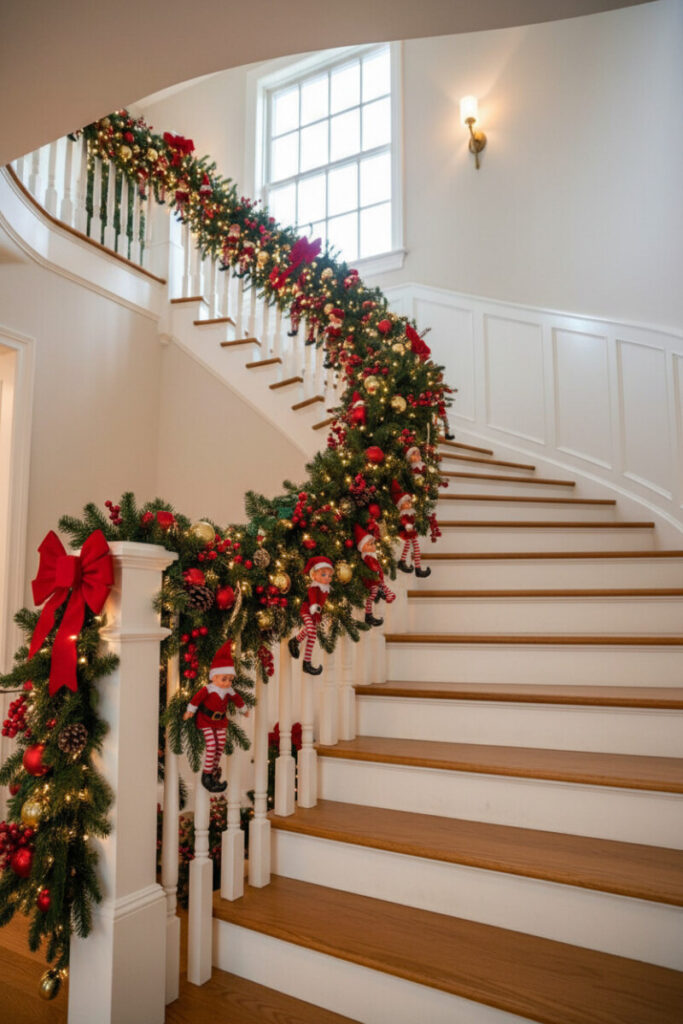 Playful elf figures with red and gold baubles, pinecones, and velvet bows on bright white banister.