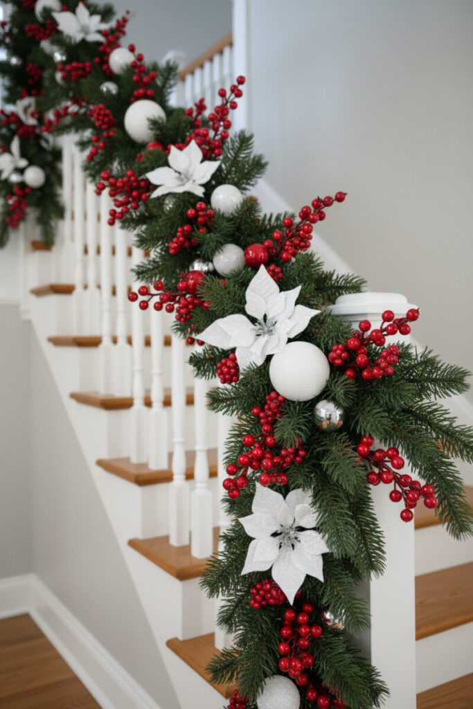 White banister wrapped in dense greenery, glossy red berries, and frosted white spheres—clean holiday staircase decor.