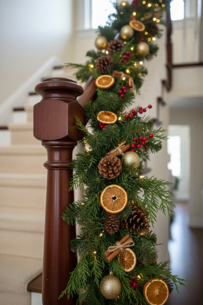 Citrus and cinnamon garland with dried oranges and twine on dark wood rail, warm fairy lights glowing.