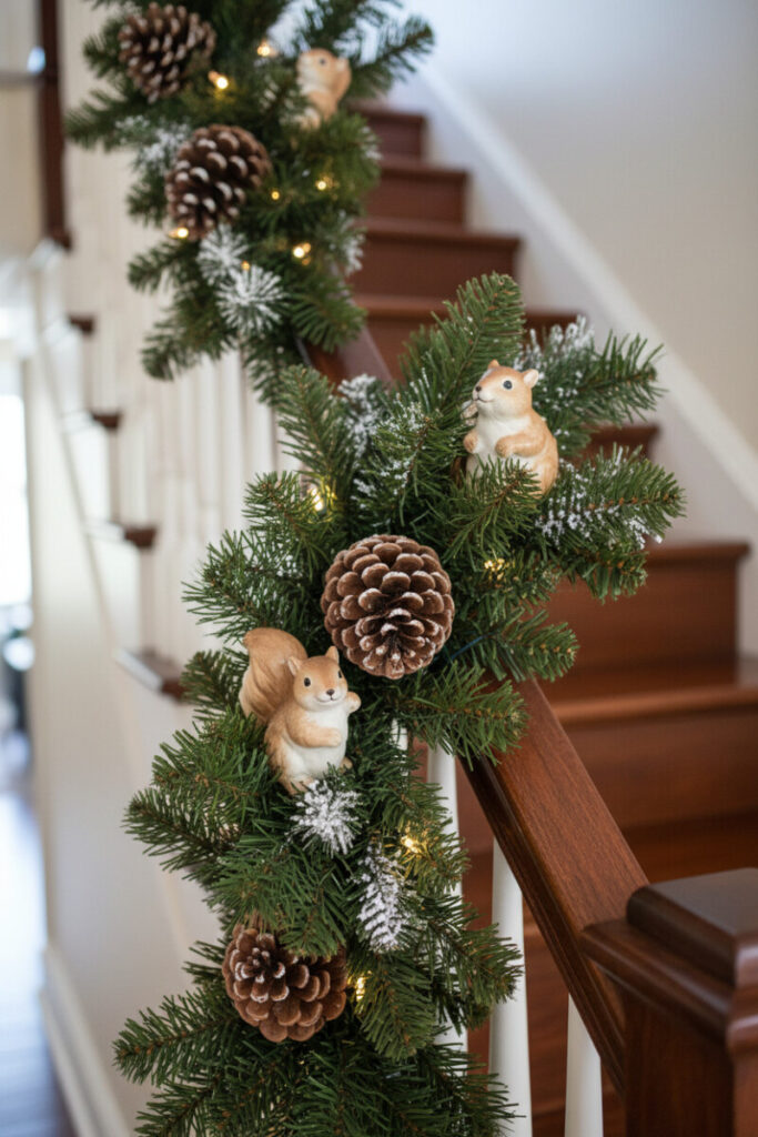 Woodland garland with subtle frost, pinecones, and tiny ceramic squirrels and chipmunks on deep mahogany rail.