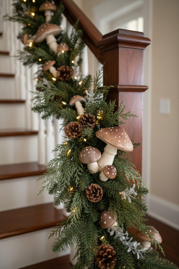 Mixed evergreens with ceramic taupe and beige mushrooms, silver foliage, and warm fairy lights—enchanted elegant staircase garland ideas.